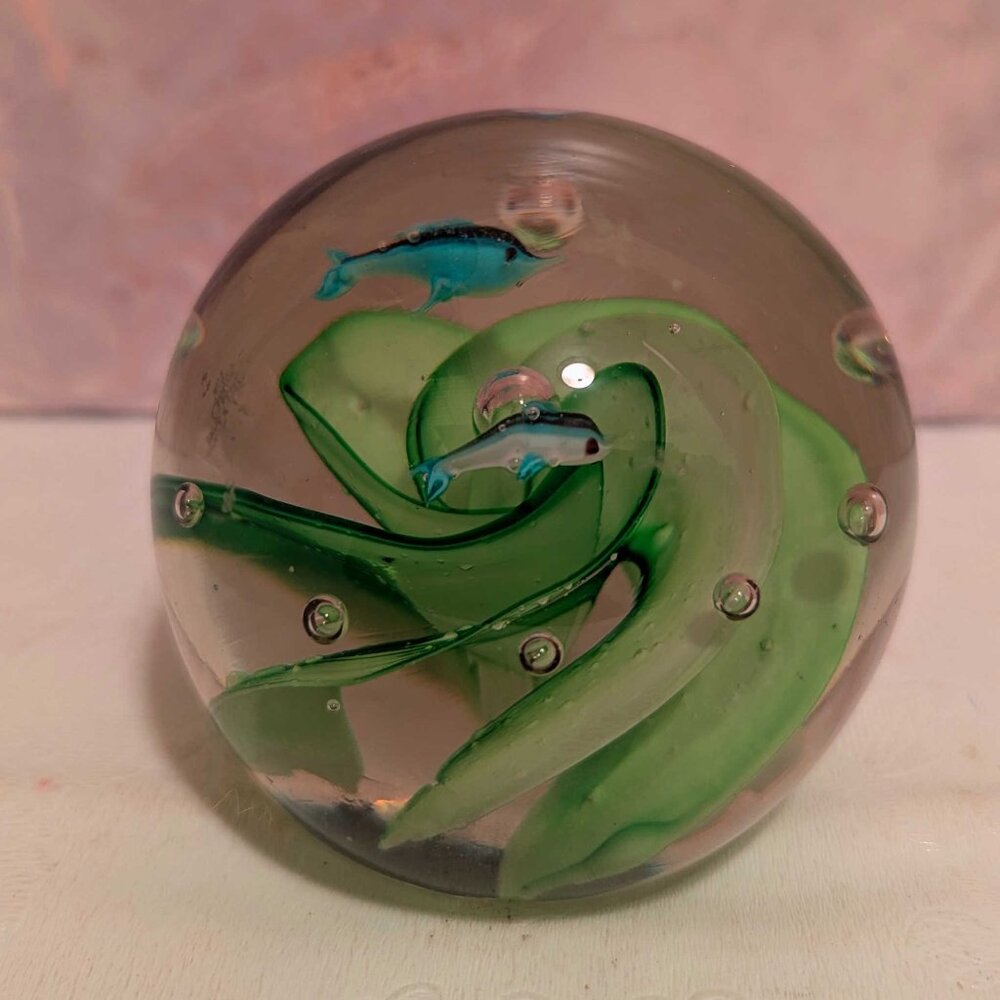 Blown Glass Paperweight Dolphin Pair in Weeds with Controlled Bubbles